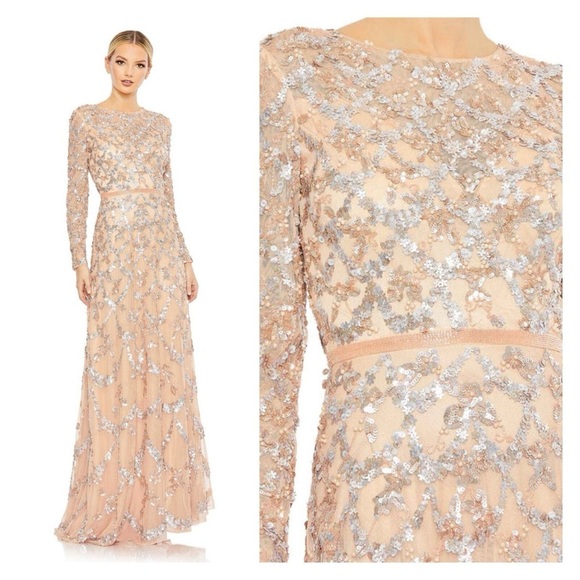 Mac Duggal Pink Embellished Illusion High Neck Long Sleeve A Line Gown - Picture 2 of 12